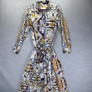 Anthropologie Stained Glass Marble Dress S Printed Belted Boho Maxi Half Button
